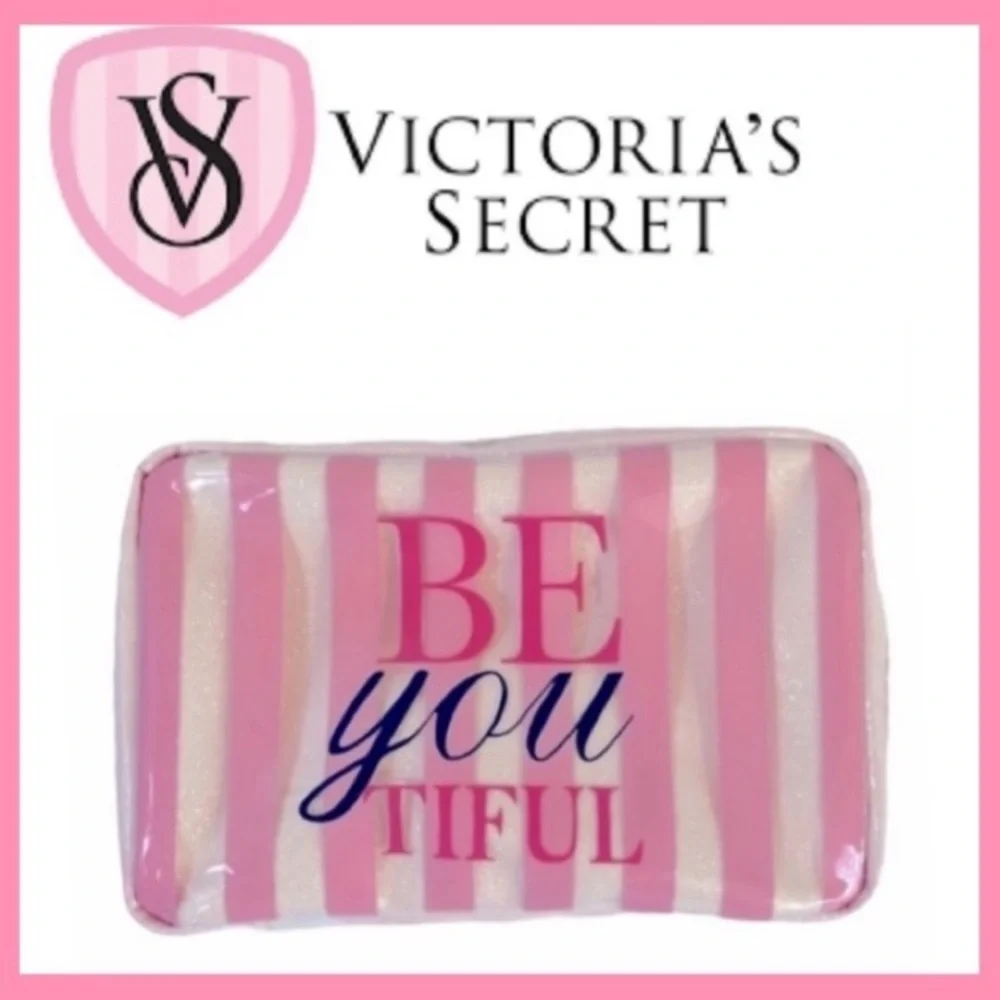 Victoria's Secret Cosmetic Bag Pouchette Delicate Stripes Pastel Pink White